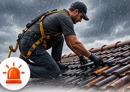 Couvreur en intervention d'urgence sur un toit sous la pluie