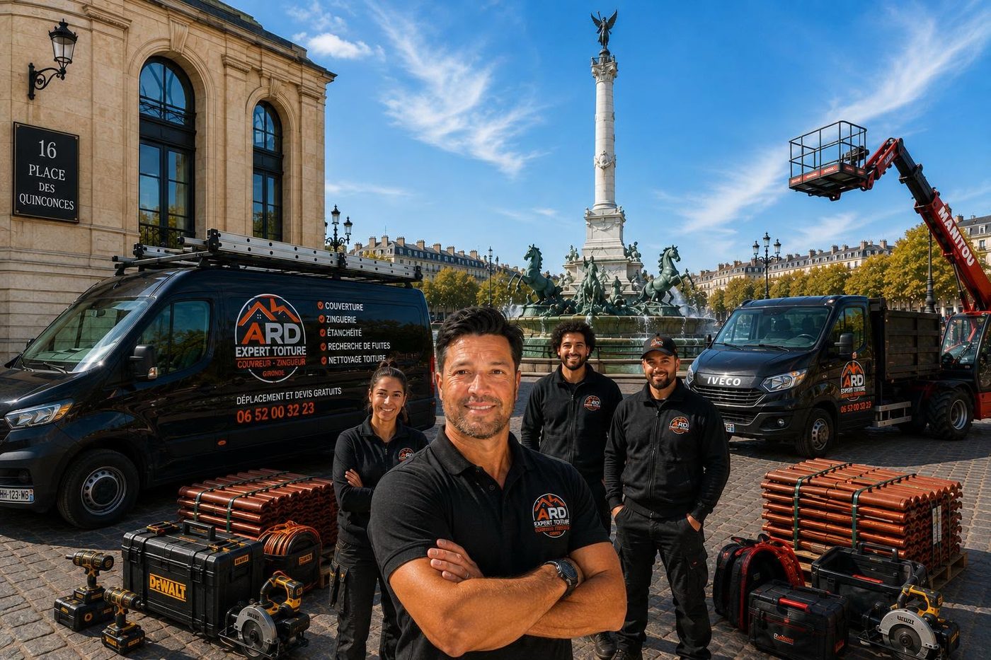 L'équipe ARD Expert-Toiture et ses véhicules d'intervention, place des Quinconces à Bordeaux