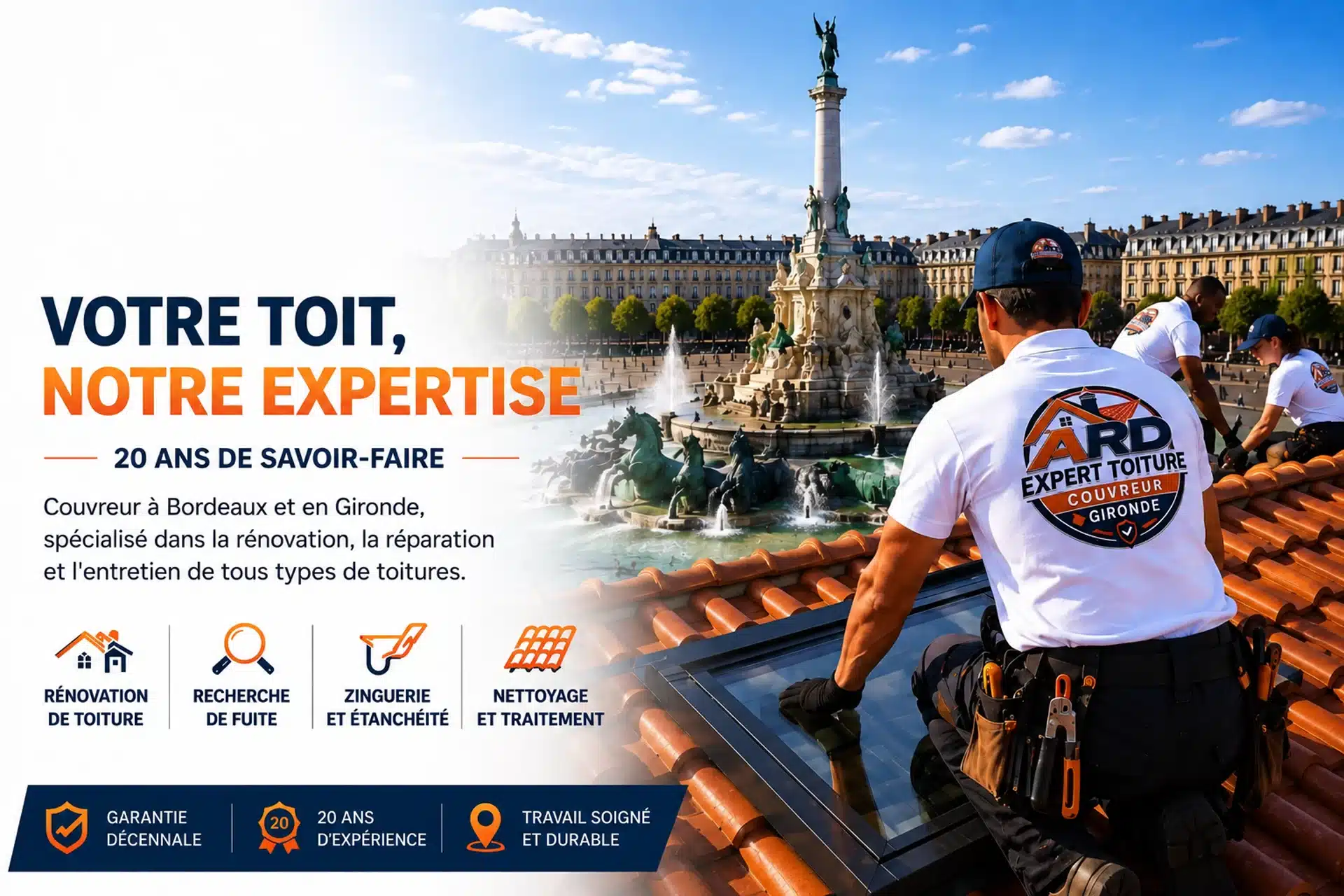 Équipe ARD Expert Toiture, couvreurs à Bordeaux, en intervention sur une toiture