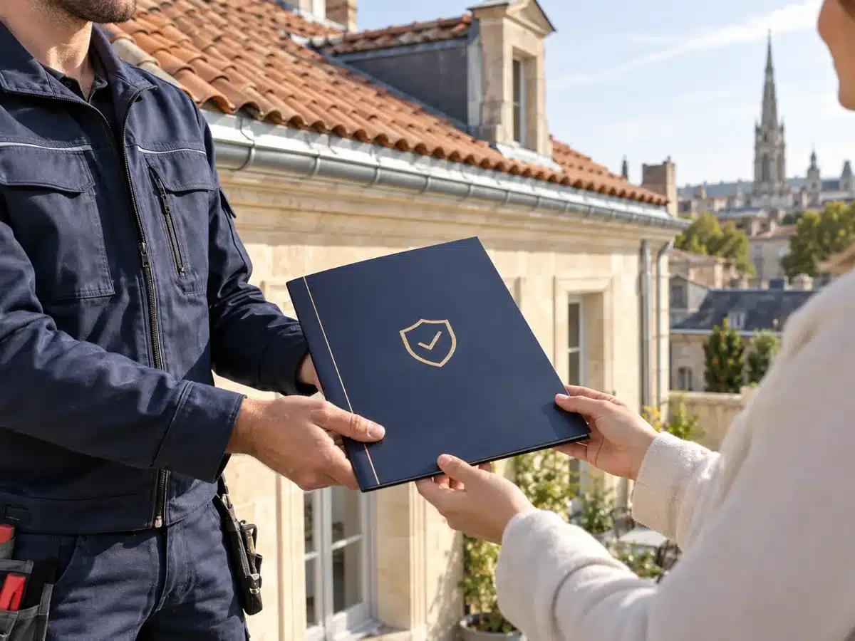 Artisan couvreur remettant les documents de garantie décennale à une cliente à Bordeaux