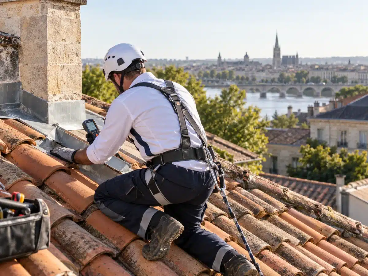 Inspection visuelle d’une toiture en tuiles avant diagnostic à Bordeaux
