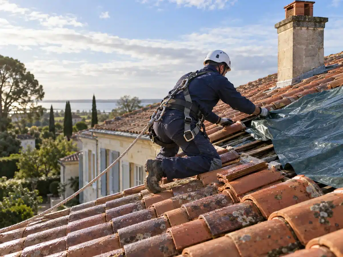 Couvreur intervenant en urgence sur une toiture en tuiles en Gironde