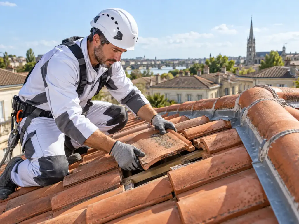 Couvreur remplaçant avec précision une tuile cassée sur une toiture à Bordeaux